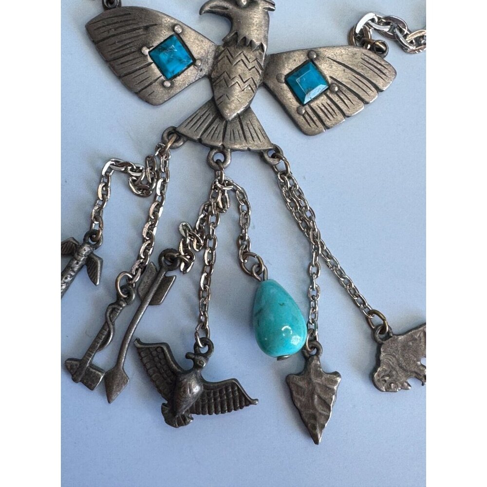 Vintage Park Lane Block Turquoise Tribal Charm Peyote Bird Southwestern Necklace - Picture 5 of 10